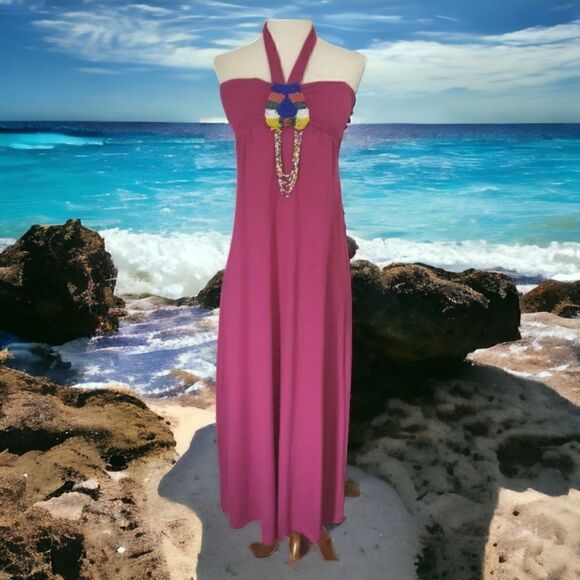 Vtg Y2K Beaded Halter Dress Maxi Sundress Small Pink Bohemian Beachy Gypsy Sexy - Picture 14 of 16